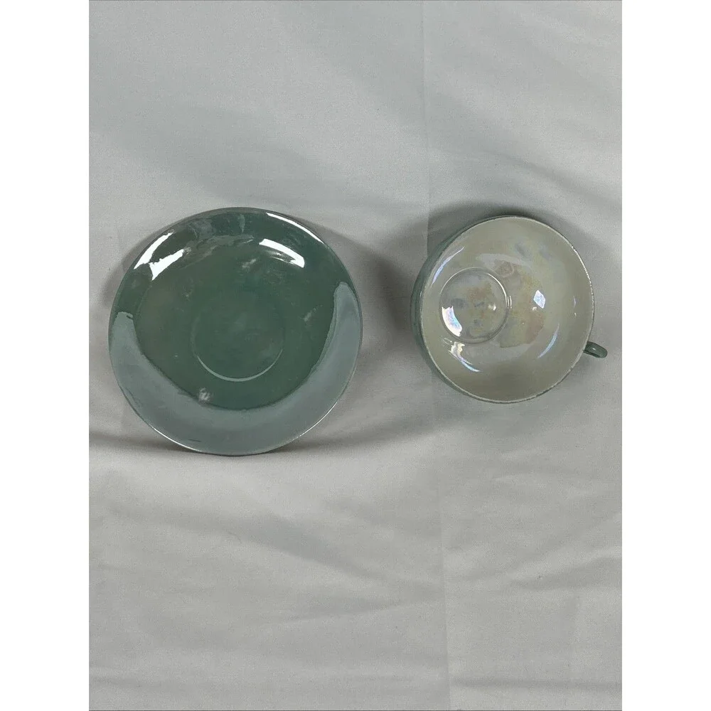 Vtg Lot Hand painted Japan Green Opal Lusterware Cups Saucers Sugar Bowl W/ Lid